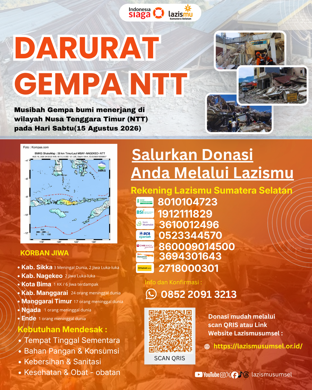 LAZISMU Sumatera Selatan Buka Donasi Darurat untuk Korban Gempa NTT